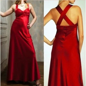 Calvin Klein Cross Back Satin Formal Long Maxi Dress Cherry Red Size 8 - Picture 1 of 13