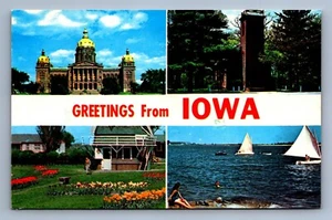 Postcard Vtg Iowa Greetings State Capitol Church Tulip Time Lakes - Picture 1 of 2
