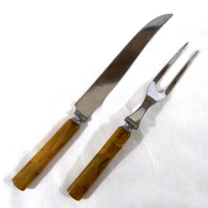 Vintage Cake 9 1/2" Knife and 7 3/4" Fork w/ Butterscotch Swirl Bakelite Handles - Picture 1 of 7