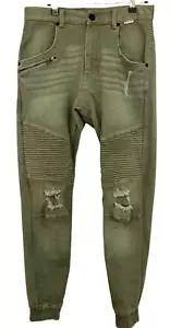 LSKD Mens Green Drop Crotch Jogger Distressed Moto Pants Pockets Logo - Size 30 - Picture 1 of 13
