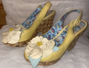 miss L fire Yellow Floral Flower wedges mule style 36 rockabilly Wicker Weave - Picture 1 of 8