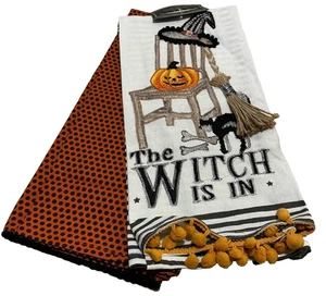 Halloween Towels Witch is in Black Cat Broom Hat Pumpkin Holiday Kitchen Bar NEW - Picture 1 of 3