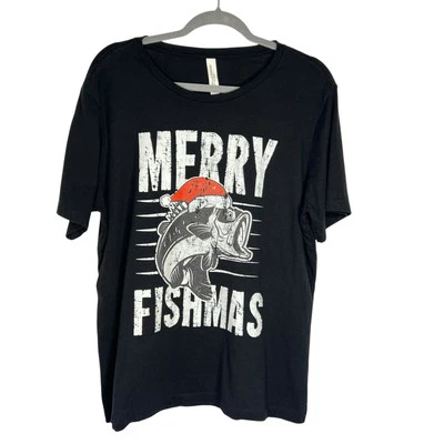 Merry Fishmas T-shirt XL Black Distressed Graphic Christmas Fishing Funny - Imagem 1 de 4