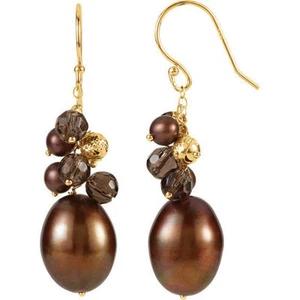 Freshwater Cultured Chocolate Pearl & Smoky Quartz Earrings In 14K Yellow Gold - Picture 1 of 1
