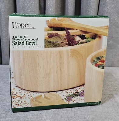 New Lipper International 10” X 5” Beechwood Salad Wood Bowl 340/3 w/ Servers - Image 1 of 4