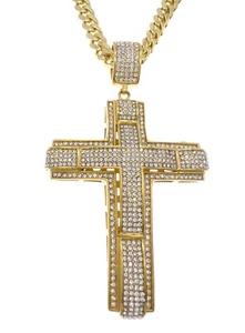 Cross Pendant Cuban Necklace Men Gold Plated Stainless Steel 32" - Bild 1 von 5