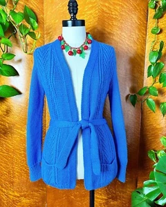 FRENCH BLUE 50s Vintage 60s 60’s Belted Handmade Hand Knit Cardigan Sweater M L - Picture 1 of 10