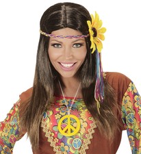 PARRUCCA CASTANA HIPPIE CON FASCIA E GIRASOLE WIDMANN ANNI 60 CARNEVALE