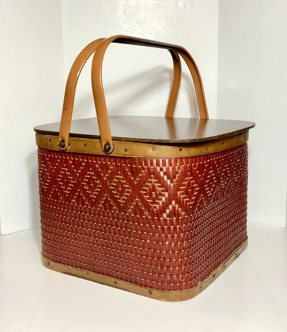 Vintage Red-Man Picnic Basket 13”Square Woven Wicker Uncommon Size 1950s MCM Cover