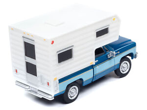 1977 Chevrolet Fleetside Pickup Truck w Camper Blue Metallic Light Blue Mini Met