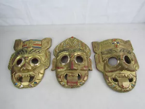 Menge 3 Vintage handgeschnitzte Holz Thailand Volkskunst Stammesmaske - Bild 1 von 12