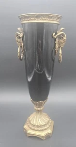 Vintage French Neoclassical Black Ebony Porcelian Gilt Bronze Ram Head Vase Urn - Picture 1 of 11