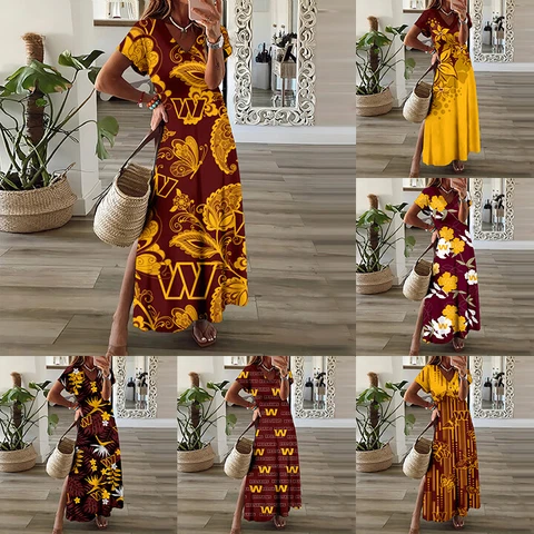Washington Commanders Slit Dress Womens V-neck Short Sleeve Ruffle Swing Dress Cover