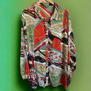 Fashion Nova Dress Blouse 2XL Fun Print Red Gold Green Floral Necklaces Long - Picture 1 of 5