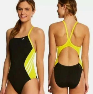 Women's Adidas One Piece Swim Suit Solid Splice Vortex Black Yellow, Size 26 NWT - Picture 1 of 12