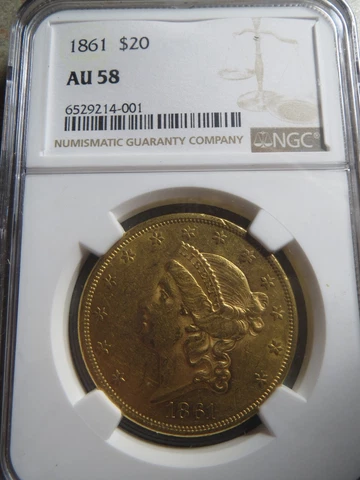 1861 Gold Liberty $20 Double Eagle -- NGC AU58 Cover