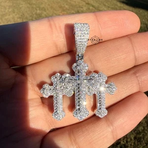 Moissanite Triple Cross Pendant Iced Pass Testers 925 S.Silver Bling + Free Rope - Picture 1 of 9