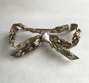 Vintage Signed HOBE Sterling Silver 1/20 14K Gold Bow Ribbon Pin Brooch - Picture 1 of 8