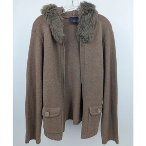 Crazy Horse Womens Hooded Sweater Full Zip Cardigan Faux Fur Trim Lambs Wool XL - Picture 1 of 5