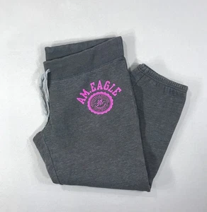 American Eagle Jogger Sweatpants Women's Large Gray Pink Logo Pull On Drawstring - Picture 1 of 14