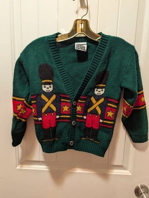 Boys V-Neck Christmas Sweater Cardigan Toy Soldier Green Red Size (5-6) - Image 1 of 4