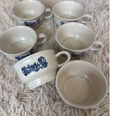 Vintage Pfaltzgraff Folk Art Blue Floral Soup Mug Cup Set of 6 Cream Stoneware - Image 1 of 4