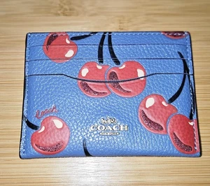 Coach Retail Cherry Cherries Washed Chambray Flat Card Case - Picture 1 of 8