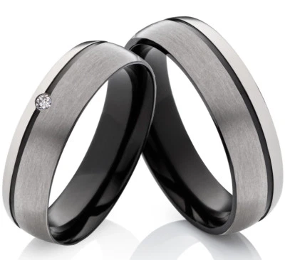 2 Partnerringe Freundschaft Tricolor aus Titan mit Zirkonia und Lasergravur FF48 - Bild 1 von 4