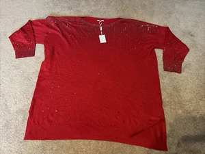 NEW Vila Milano Red Embellished Sweater Wool Blend Woman 1X Pullover Notched - Picture 1 of 8
