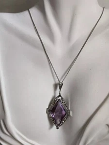 Vintage Art Deco Amethyst Glass Pendant Necklace Rhodium Plate The Look Of Real - Picture 1 of 24