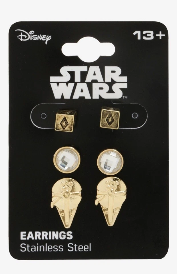 Disney Star Wars Halcón Milenario Han Solo DICE Conjunto de 3 Pendientes Gemas Imitadas Nuevo con Etiquetas Foto 1 de 1