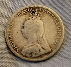 SOLID SILVER COIN Three pence 1891 Queen Victoria Vintage Old London England UK - Picture 1 of 2