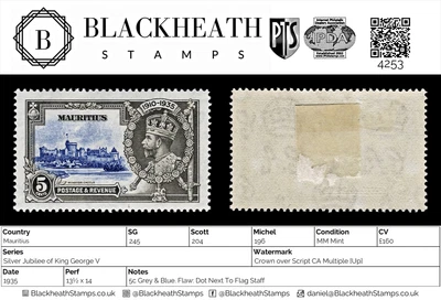 4253 Mauricio SG245 5c gris y azul. Punto defectuoso junto al bastón de bandera. 1935. Sc#204 M Foto 1 de 4