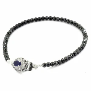 Certified 4mm 7-8 Inches Black Diamond Beads Bracelet 925 Sterling Silver Claps - Picture 1 of 3