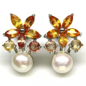 Piedra Preciosa Perla Blanca & Amarillo Zafiro Pendientes 925 Plata Oro Blanco - Imagen 1 de 4