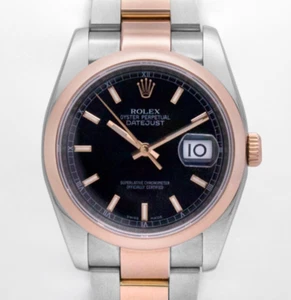 Rolex Datejust 36mm 116201 Black Stick Dial Steel RG Smooth Bezel Oyster w.B&P - Picture 1 of 10