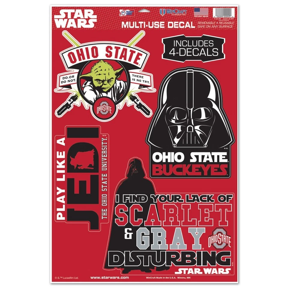 OHIO STATE BUCKEYES STAR WARS YODA & VADER LAPTOP MULTI USE REUSABLE DECALS NEW - Image 1 of 1