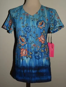 New Koi Lite XS Scrub Top Blue Floral Slim Fit V-Neck Wicking Stretch - Picture 1 of 3