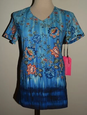 New Koi Lite XS Scrub Top Blue Floral Slim Fit V-Neck Wicking Stretch - Image 1 of 3