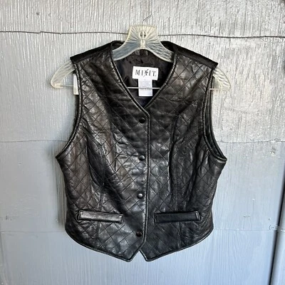 Chaleco acolchado vintage Mix It para mujer talla 6 cuero negro botón a presión forrado frontal Foto 1 de 4
