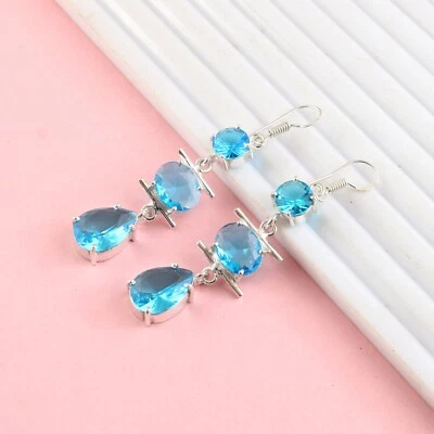 Blue Topaz Quartz Gemstone Silver Plated Dangle Earrings Jewelry 2.5" - Image 1 of 3