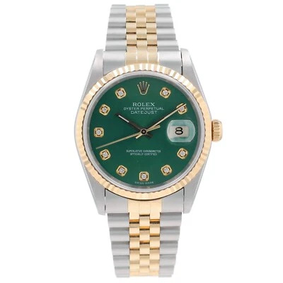 Rolex Mens Datejust TwoTone Watch Green Diamond Dial 18KY Fluted Jubilee - Image 1 of 4