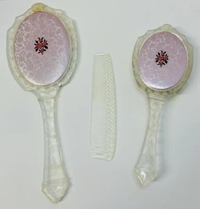Vintage Vanity Set Hand Held Mirror Brush & Comb Clear Lucite Acrylic Handle - Picture 1 of 10