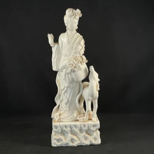 Chinese Porcelain Antique Blanc De Chine 14" Immortal Magu &Deer Figurine Statue - Picture 1 of 11