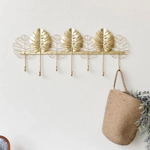 Large Gold Monstera Leaf Wall Mounted Hook Rail with 7 Storage Hooks - Picture 1 of 4