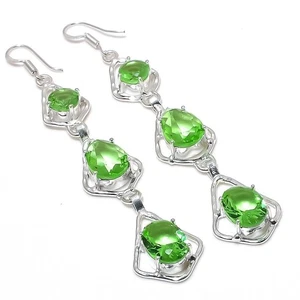 Green Tsavorite Gemstone Handmade 925 Sterling Silver Jewelry Earring Size 3" - Picture 1 of 1
