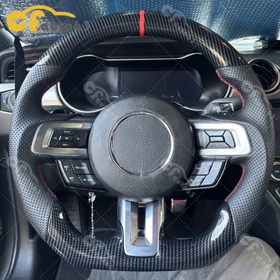 HYDRO DIP Carbon Fiber Steering Wheel Fit For 2018-2023 Ford Mustang GT Red Line - Image 1 of 4