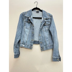 a.n.a Women's Distressed Denim Jacket Cropped Light Wash Jean Jacket Size Large - Picture 1 of 6