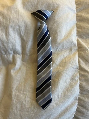 Boys Clip on Tie Blue Grey White Stripe 9" Long - Image 1 of 3