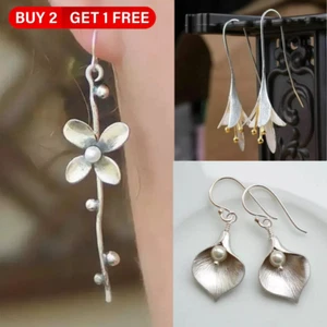 925 Sterling Silver Flower Boho Pearl Hook Earrings Women Jewellery Gift - Picture 1 of 18